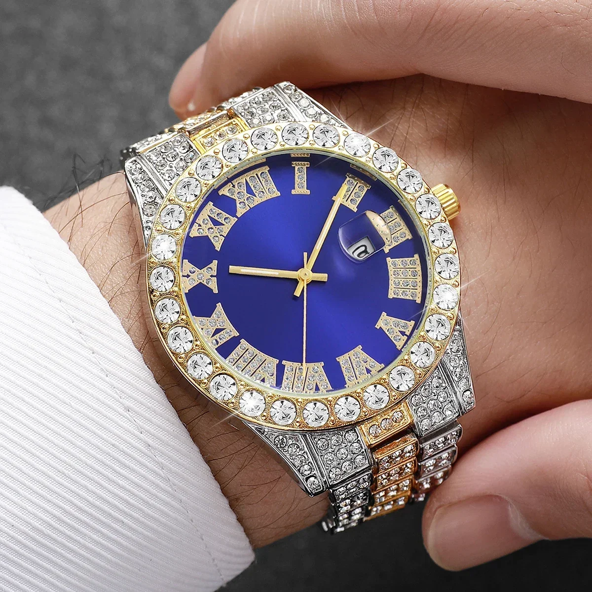 Mystery Blind Box Men Watch Random Iced Out Diamond Quartz Wristwatch Roman Numeral Dial Stainless Steel Band Luxury Male Watch view 4