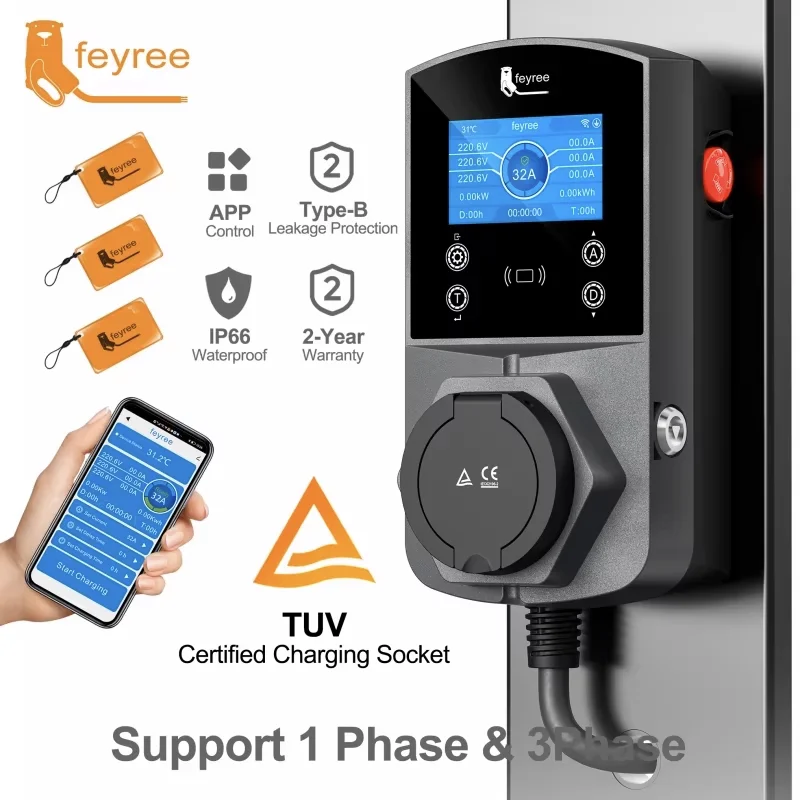 feyree Type2 EV Charger Socket Version 22KW Smart Electric Car Charger for TS-NACS Type1 GB/T Plug EVSE Wallbox WIFI APP Control