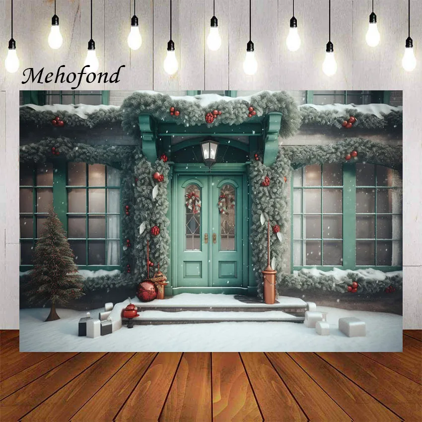 Mehofond Photography Background Winter Snow Christmas Front Door Xmas Tree Kid Holiday Party Portrait Decor Backdrop Photo Studi