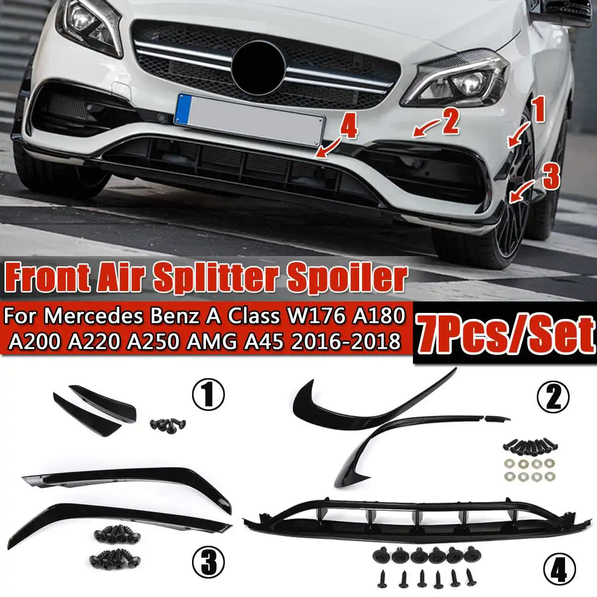 W176 Glossy Painted Front Lip Spoiler with Side Splitter Canards Apron for Benz A180 A200 A250 A45 for Amg 2016 2017 2018 7PCS