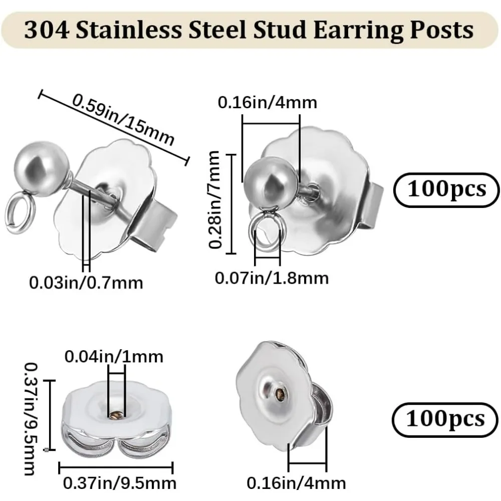 Beebeecraft 1 Box 100Pcs Ball Stud Earring Findings Stainless Steel Smooth Round Geometry Post Earring Studs Components with