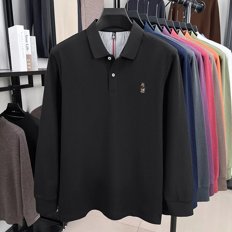 100% القطن الخالص الربيع والخريف جديد الرجال طويلة الأكمام مريحة عادية بولو قميص رائعة التطريز الدب تي شيرت