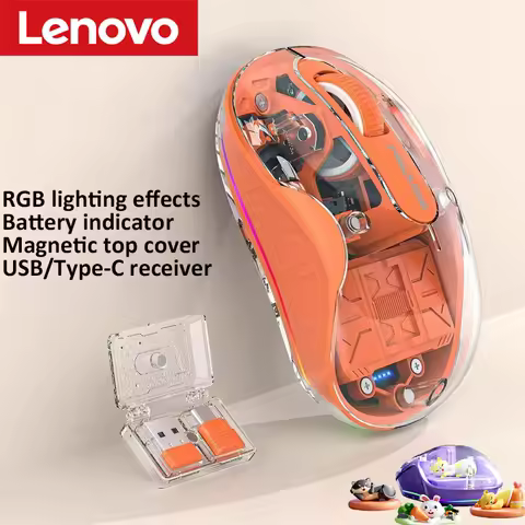 Lenovo Transparent Wireless Mouse, Tri-Mode Bluetooth 2.4G Rechargeable RGB Breathing Light Mouse for Laptop PC Office
