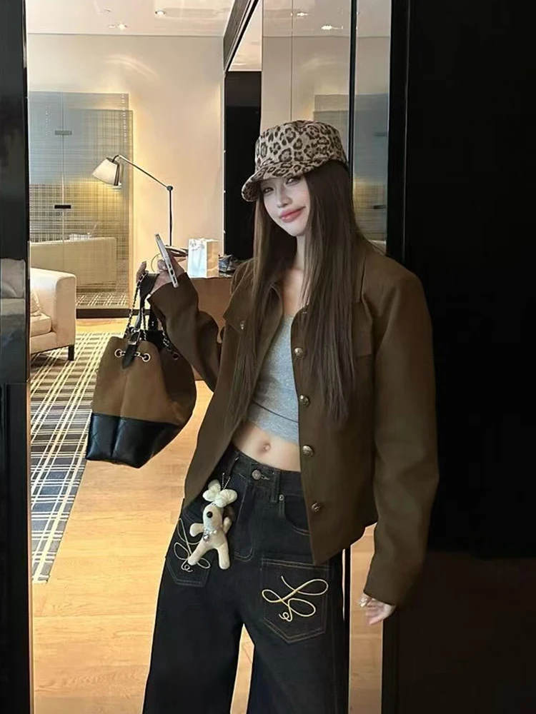 American Retro Coffee Color Women's ort Jaet Motorcycle Clothes Outerwear Workwear Sle Autumn Faion Versatile Top