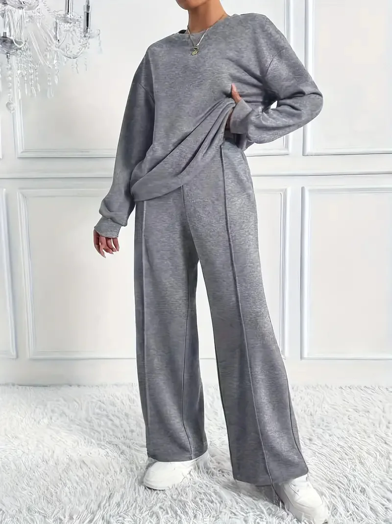 Herbst Winter Frau Zwei-stück Set Casual Oansatz Langen Ärmeln Sweatshirt Breite bein Hosen Anzüge Damen Mode Büro outfit