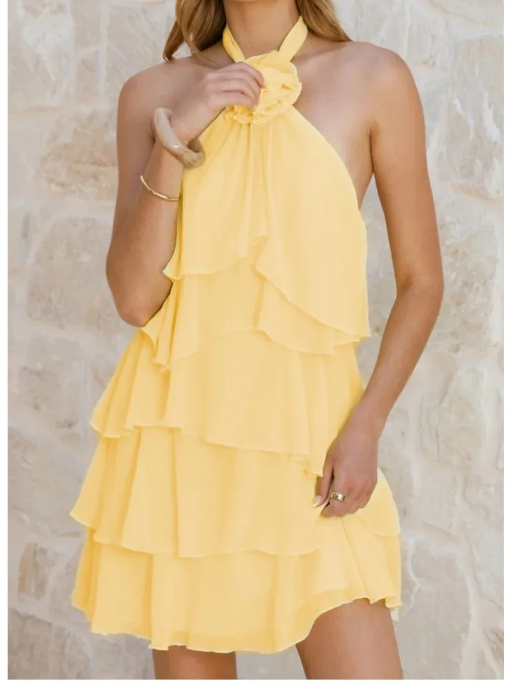 新しい夏の女性の背中見せホルターネックフリルワンピースファッションエレガントカジュアル無地ホリデーパーティーミニワンピース女性用ローブファム