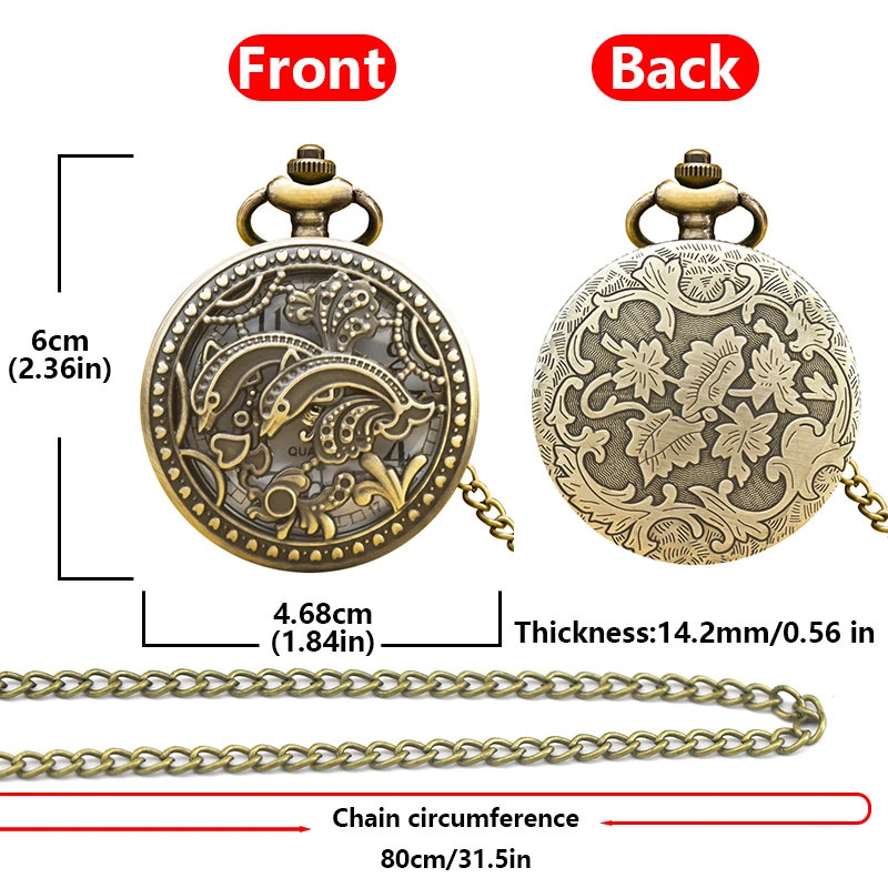 Vintage Bronze Steampunk Jumping Dolphin Sculpture Quartz Pocket Watch Necklace Pendant Clock Chain Men Women Chain Gift