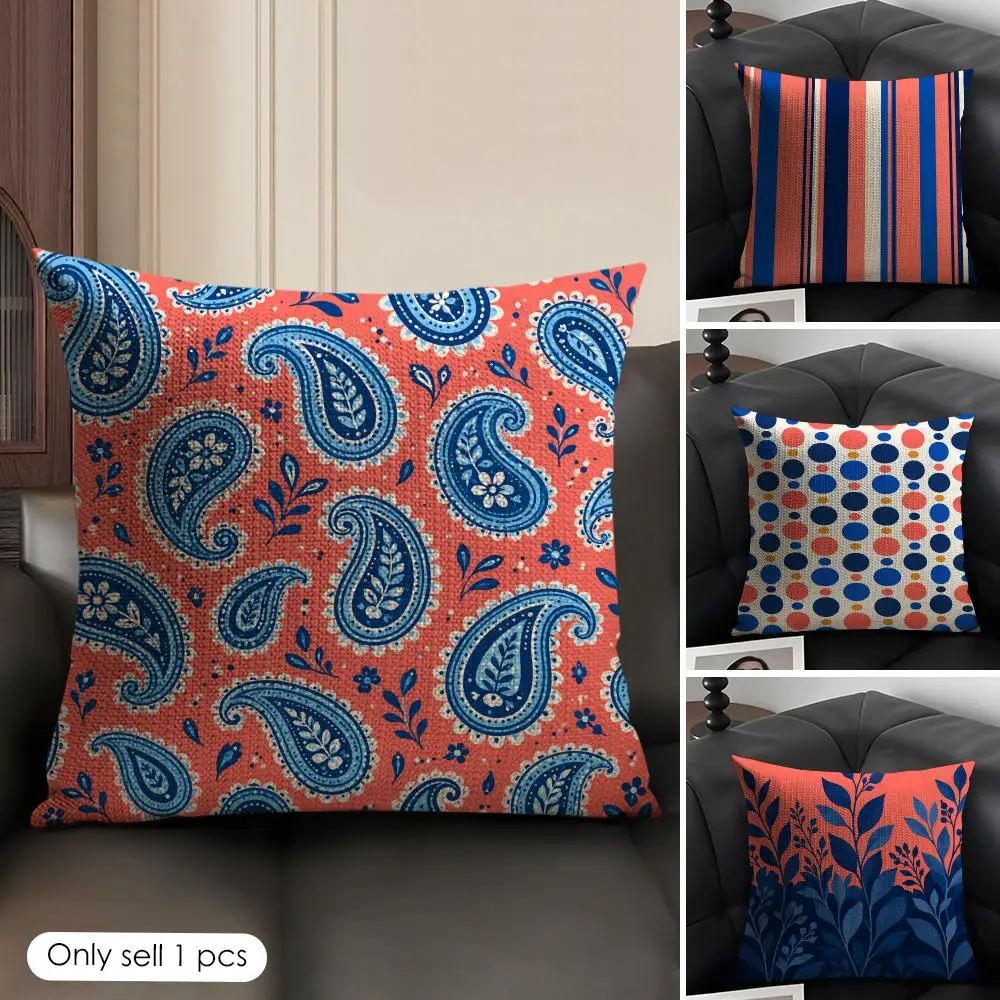 Salmon Navy Blue Floral Cushion Cover Skin-Friendly Organic Linen Pillow Cover Durable Hypoallergenic Washable Soft