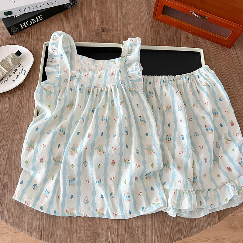 

Women's pajamas for spring and summer, sleeveless with small flutter sleeves, two-piece set with striped bear design, home wear