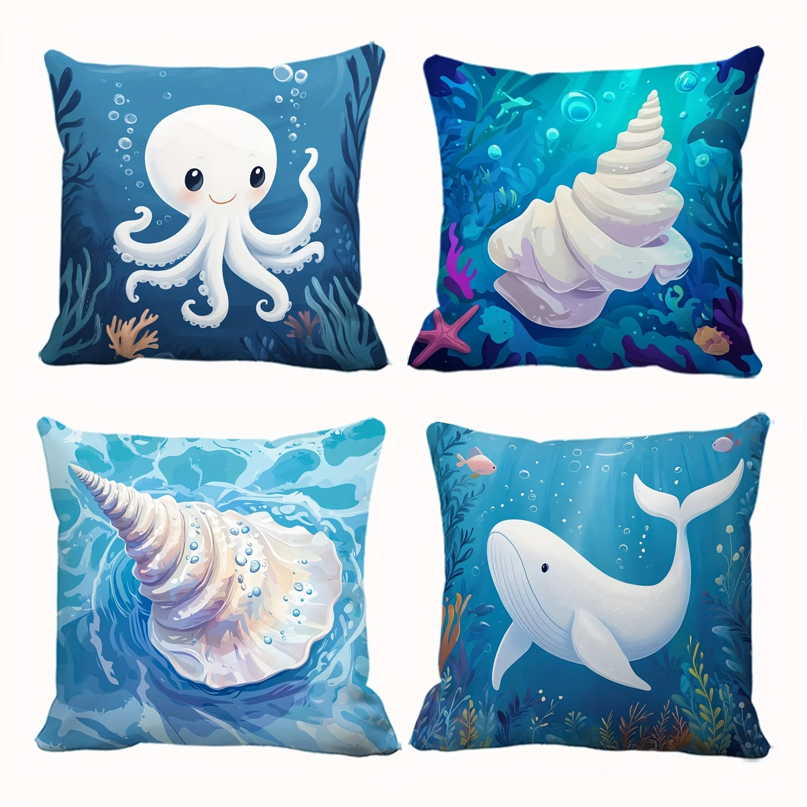 Ocean Sea Life Pillowcase Throw Cushion Cover Set for Bedroom Decor Octopus Shell Whale Nautical Marine Mermaid Tropical Waterpr