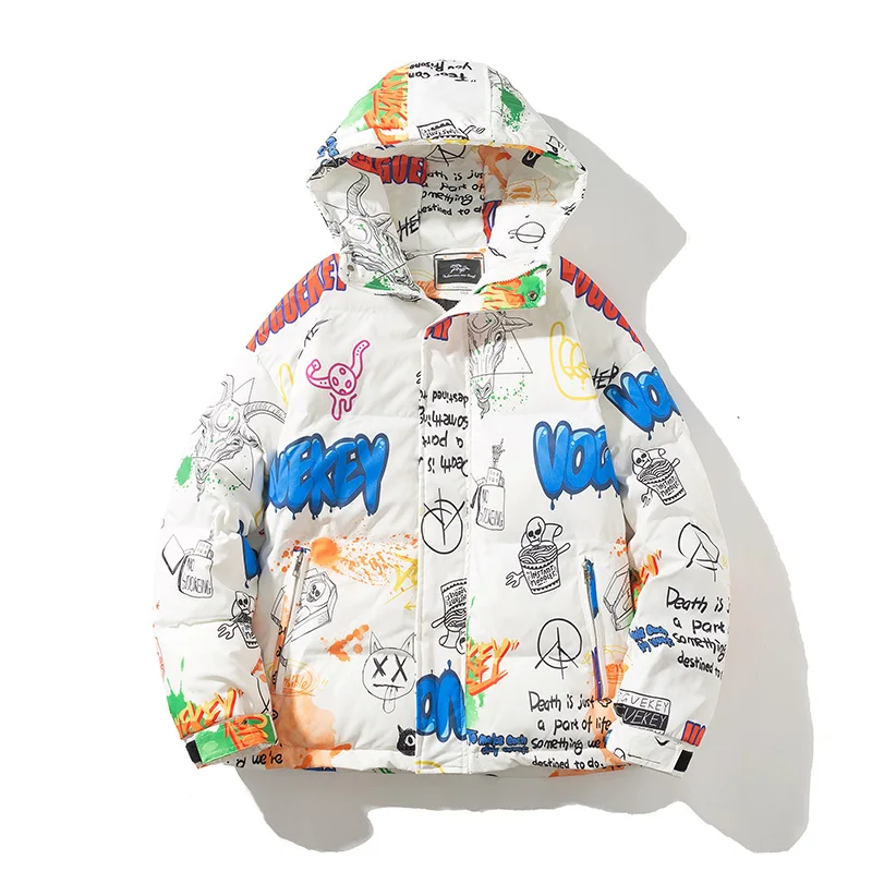 Fashion Y2K Streetwear Printing Hooded Puffer Jacket Women Kawaii Cartoon Casual Zip-up Coat Ladies Winter Thick Warm Outwear