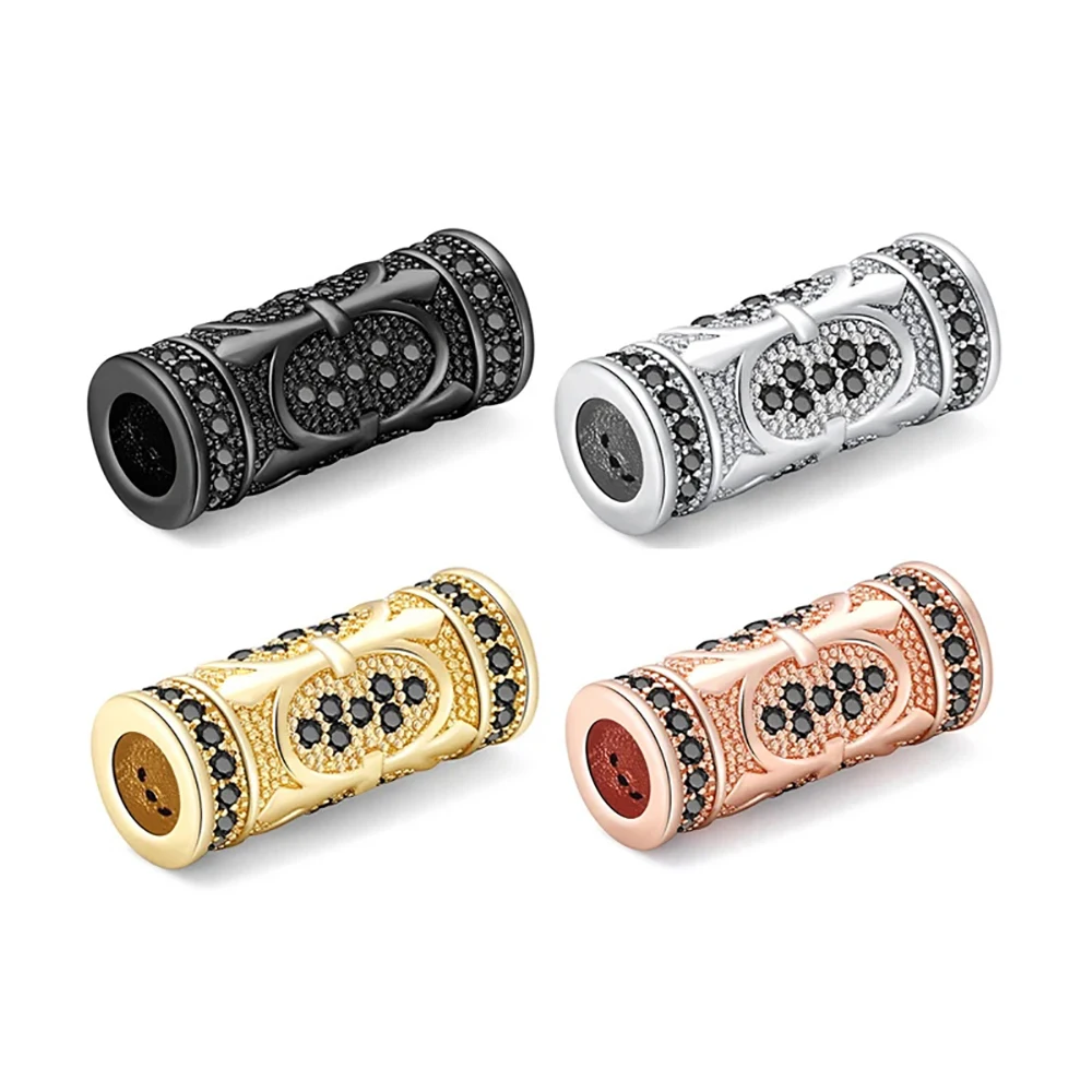 3pcs/Lot Black Cubic Zirconia Crystal Cross Tube Bead For Bracelet Makings Gold-plated Brass Cylindrical Beads Jewelry Charm DIY