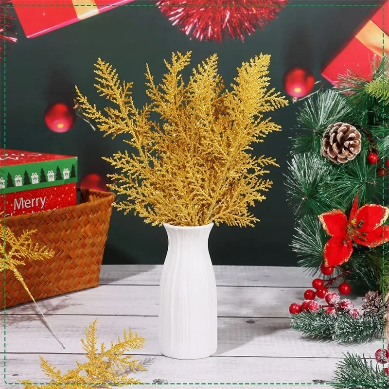 Glitter Artificial Pine Branches Fake Plant Xmas Tree Ornament Gold Glittering Sequin Leaves Christmas Party Home Decor Supplies