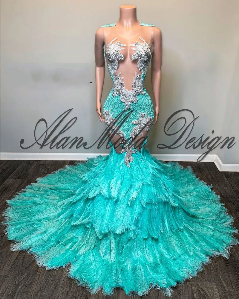 Luxury Mint Green Prom Dresses Customized Rhinestone Sequin Feathers Mermaid Party Gowns Custom Made Evening Dress For Women