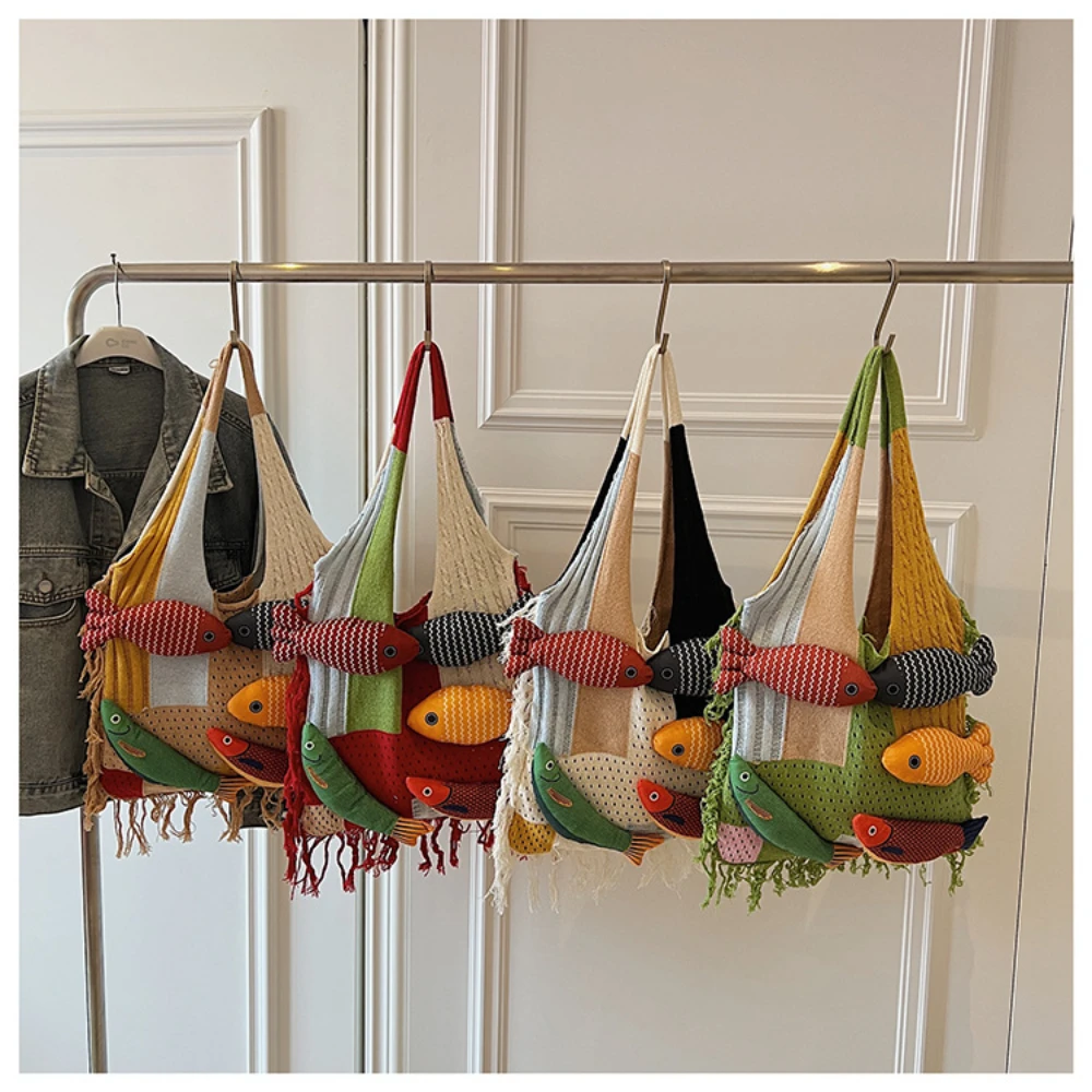 

Unique Design Sense Tassel Spliced Casual Vacation Knitting Tote Bag 3D Fish Decoration Large Capacity Shoulder Bag For Women