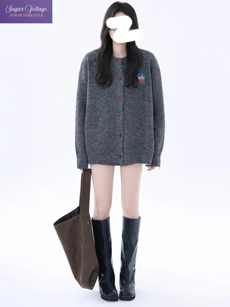 Cardigan en tricot gris pour femme, tenue Vintage américaine, coupe ample, manches longues, vêtements d'extérieur, décontracté, élégant, Kpop, Streetwear, Y2k, automne 2025