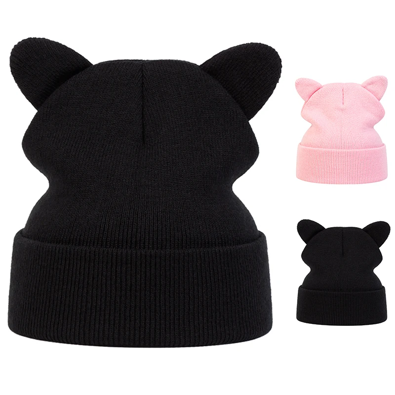 Unisex Cute Cat\'s Ears Beanies Autumn Winter Keep Warm Knit Caps for Women Men