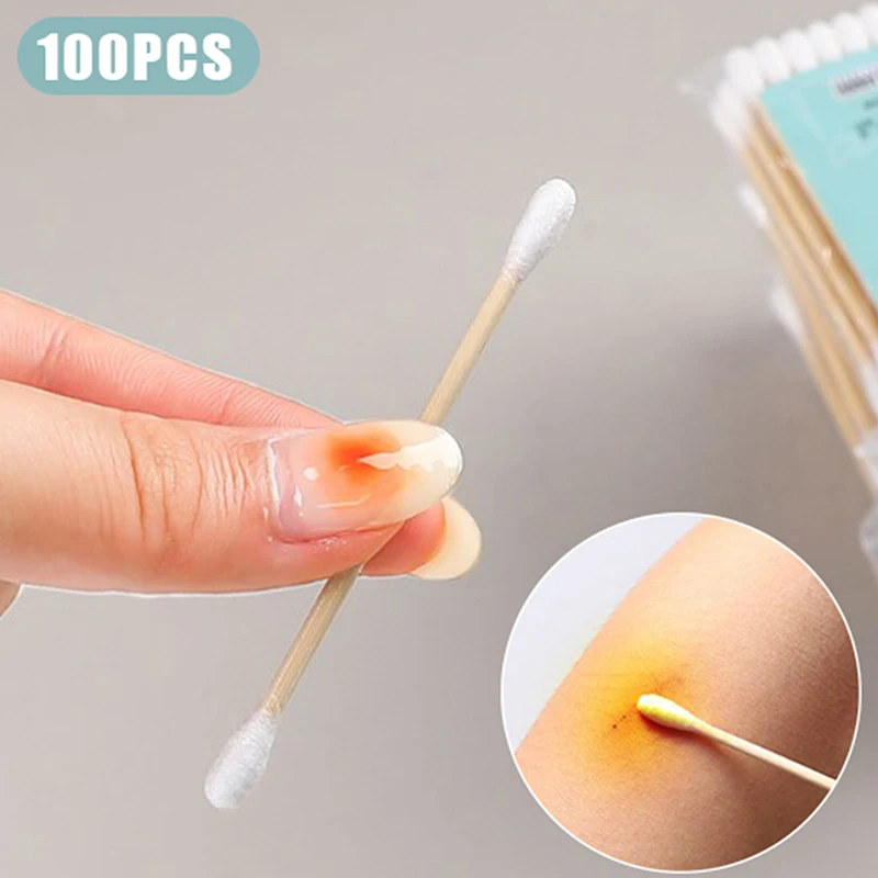 100PCS Double Head Wood Cotton Swab Women Makeup Cotton Buds Tip Wood Sticks Nose Ear Cleaning Baby Health Care Tools