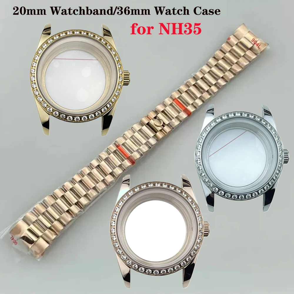 

NH35 Case 36mm, Crystal Diamond Bezel 316L Stainless Steel Watch Case Strap Set for NH35A NH36 4R35A 4R36A Movement Watchband