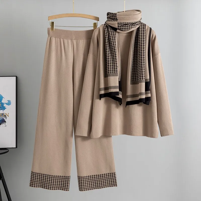 

Solid Color Knitted Pullover Sweater Pants Set With Scarf Fashion Loose Long Wide Leg Pants Three Piece Sets Autumn Winter New