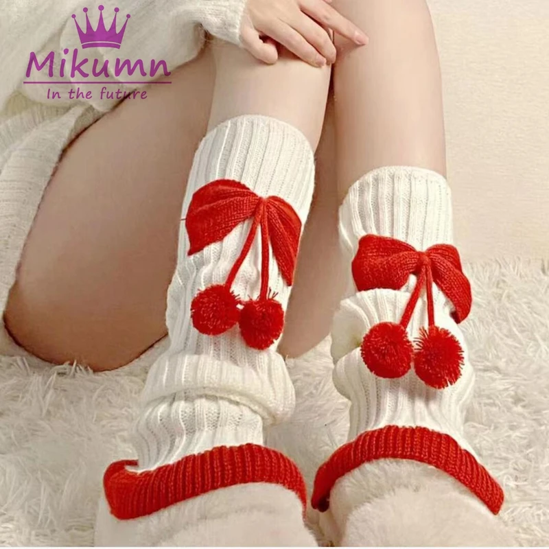 Harajuku – chaussettes chauffantes pour les jambes Y2k, en peluche, avec nœud papillon, Lolita japonaise, Kawaii, doux JK, à volants roses, tricoté, chaud