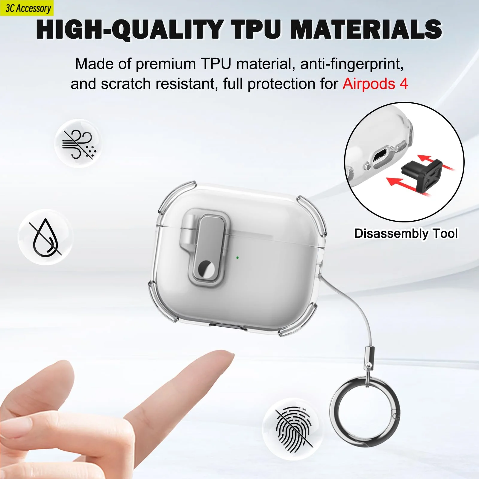 Custodia per AirPods 4 2024 Design con blocco sicuro Coperchio ribaltabile automatico TPU Paraurti traslucido Custodia antiurto per AirPod4 Pro con moschettone