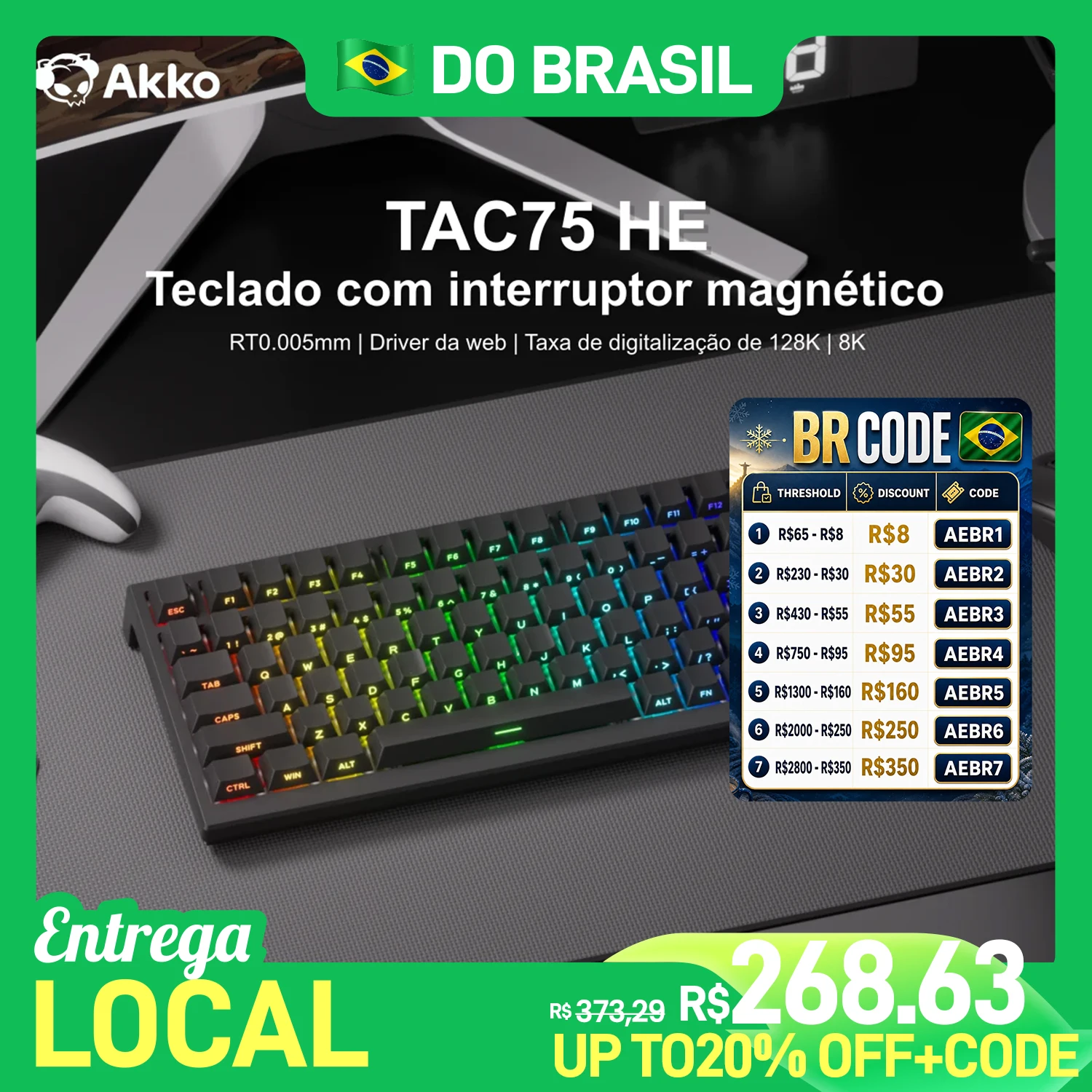 Teclado Mecânico Gamer Akko TAC75 HE 75% com Switches Magnéticos, Rapid Trigger 0.005mm, ARGB, Taxa de Polling 8K, com Fio