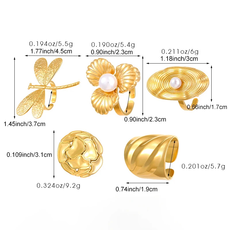 EILIECK  316L Stainless Steel New Design Dragonfly Ring Jewelry Women 18 K Plated Metal Texture Gold Color Ring Accessories