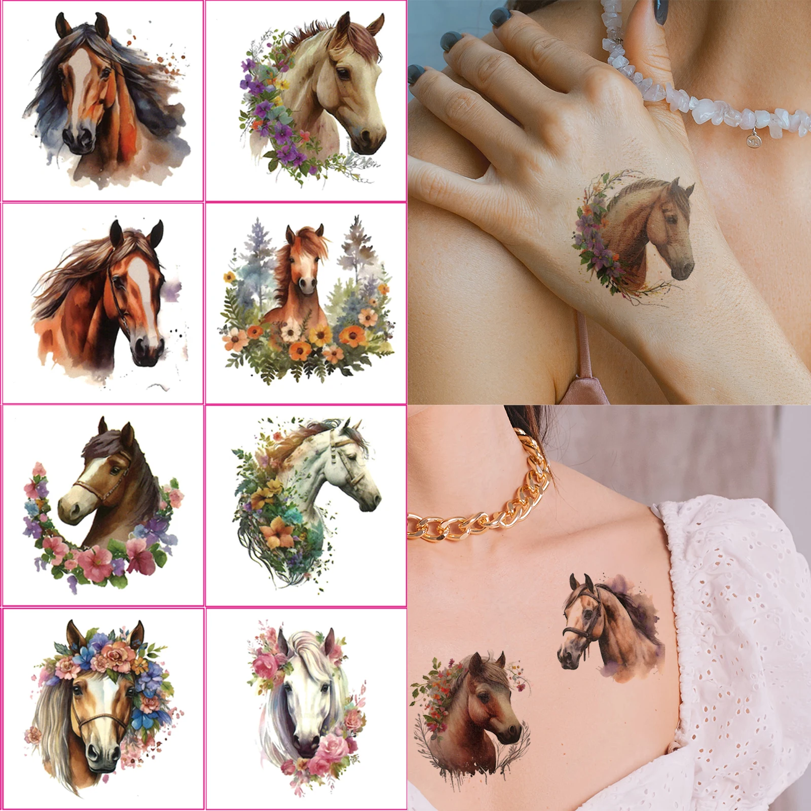 20 ورقة من ملصقات وشم الحصان المؤقتة لحفلات أعياد الميلاد مزينة بهدايا الوشم