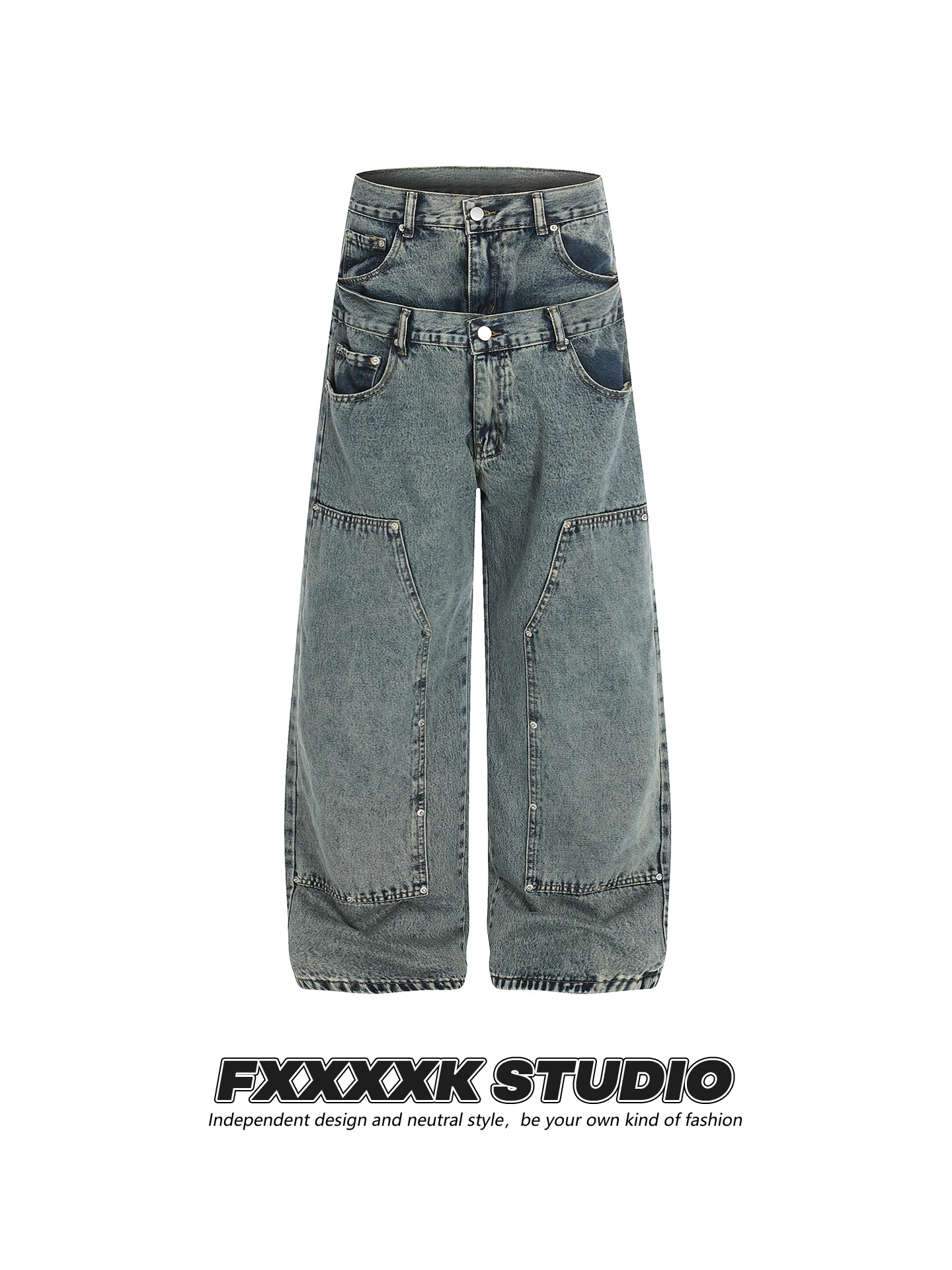 

FXK Original Vintage American Waed Distred Double Waist Design Rivet Loose Straight Leg Men's Jeans Retro Sle Cotton P...