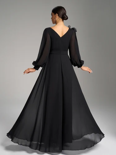 Imagen 2 del producto UNITHORSE Vestido de noche de gasa con escote en V y manga acampanada para mujer con cintura de flores tridimensional y abertura