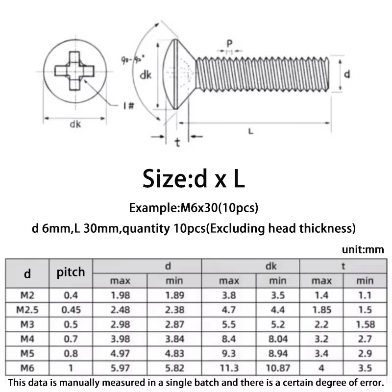 M2 M2.5 M3 M3.5 M4 M5 M6 304 Stainless Steel Cross Phillips Flat Countersunk Head Screw Bolts Machine Length:3mm-50mm