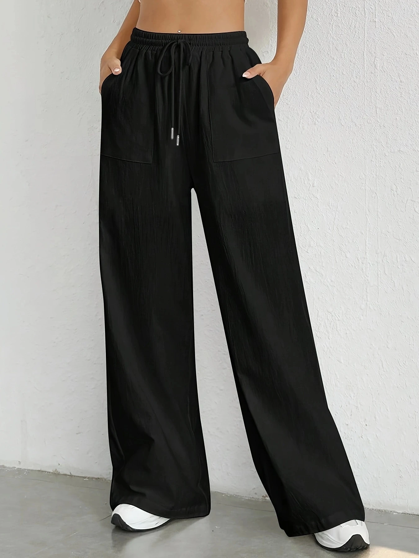 Women Fashion Elastic Waist Wide Leg Long Trousers Pockets Casual Solid Color Loose Female Elegant All Match Pants New