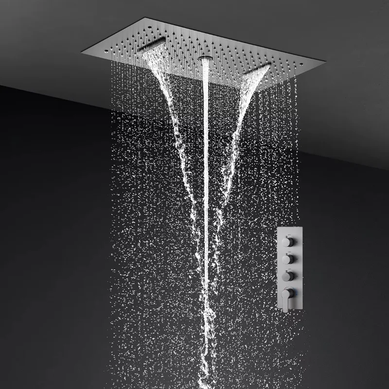 Bathroom Ceiling Light Emitting Diode Thermostatic Shower Head with Rain Waterfall Multifunctional Smart Shower Set