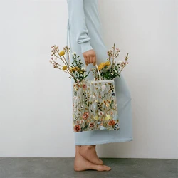 Summer Floral Beach Bucket Women Transparent Tote Organza Cloth Beach Bag Embroidery Handbag Folding Portable Grocery Tote Bags