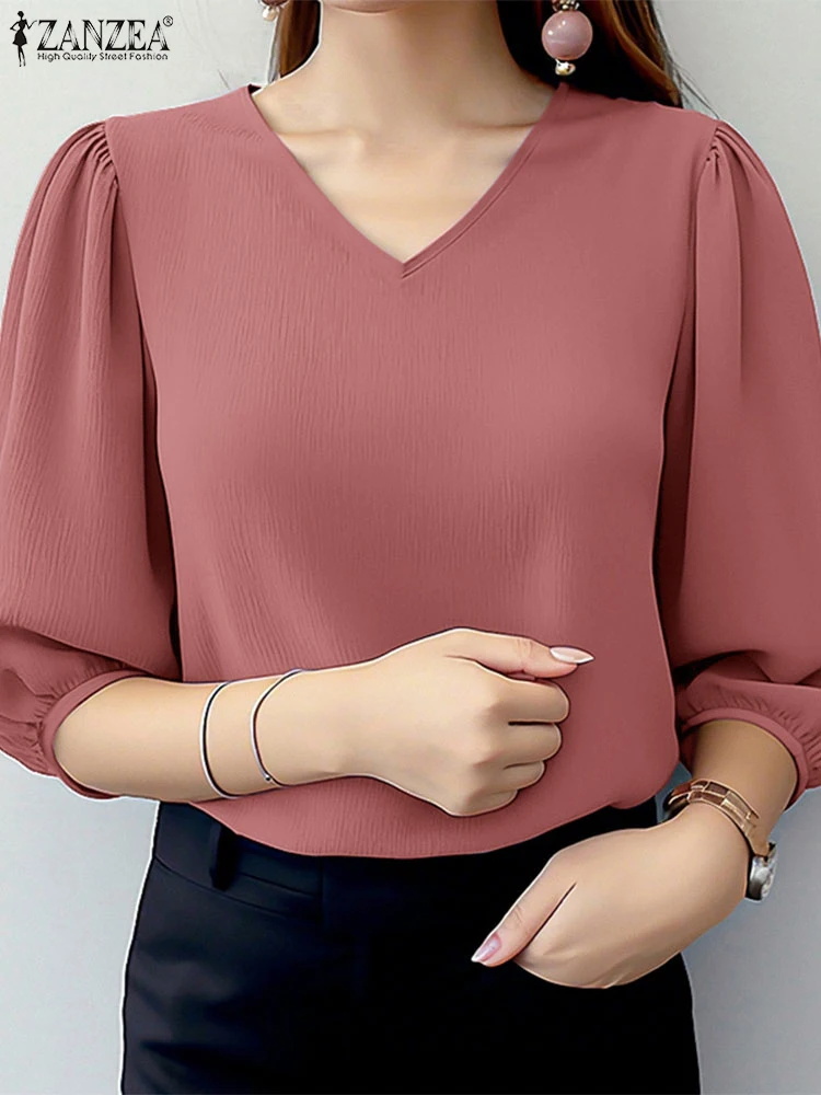 

ZANZEA Women V Neck Short Sleeve Blouses 2025 Summer Office Work Shirts Elegant Casual Holiday Tunic Tops Solid Blusas Oversize