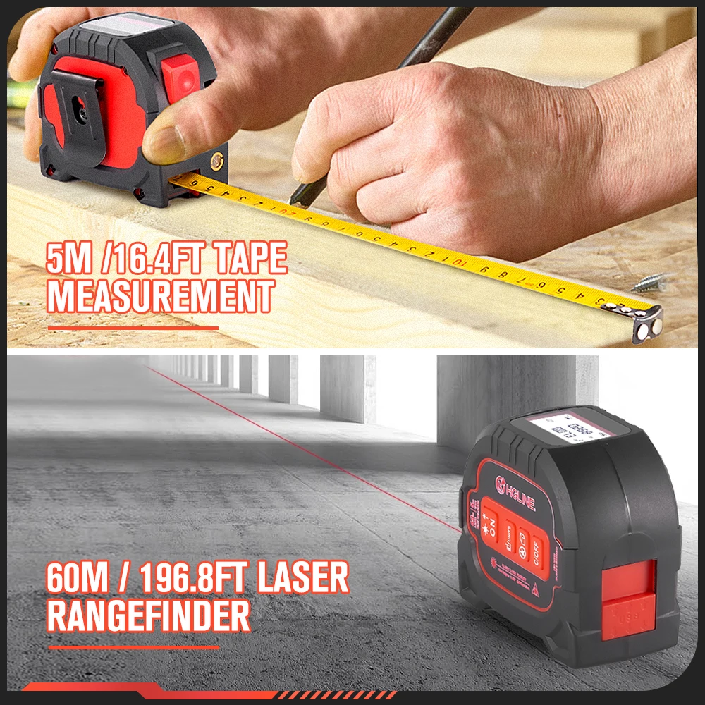 HGLINE 4 In1 Laser Tape Measure 60M Rangefinder 5M Tape Measurement LCD Power Display Electronic Ruler Laser Measure Power Tool