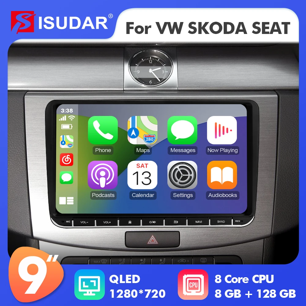 Isudar Android 12 Car Stereo and Physical button For Skoda/VW/Volkswagen/POLO/PASSAT/Golf/Tiguan/Jetta/Touran Carplay 4G No 2din