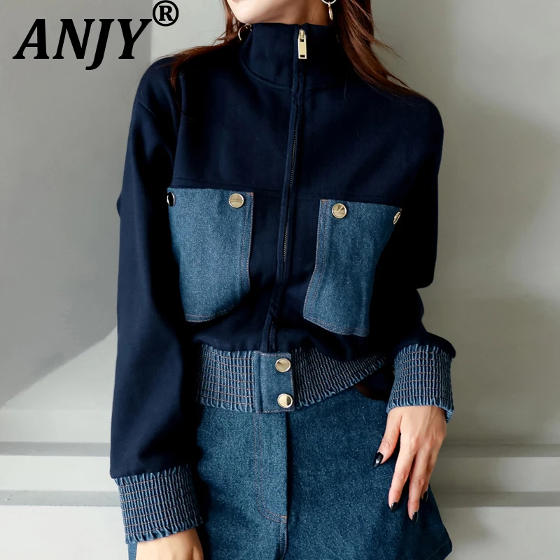 

ANJY Autumn New Woman Elegant Korean Coats Zipper Spliced Denim Contrast Color Turtleneck Waist Cinching Chic Short Jacket A8700