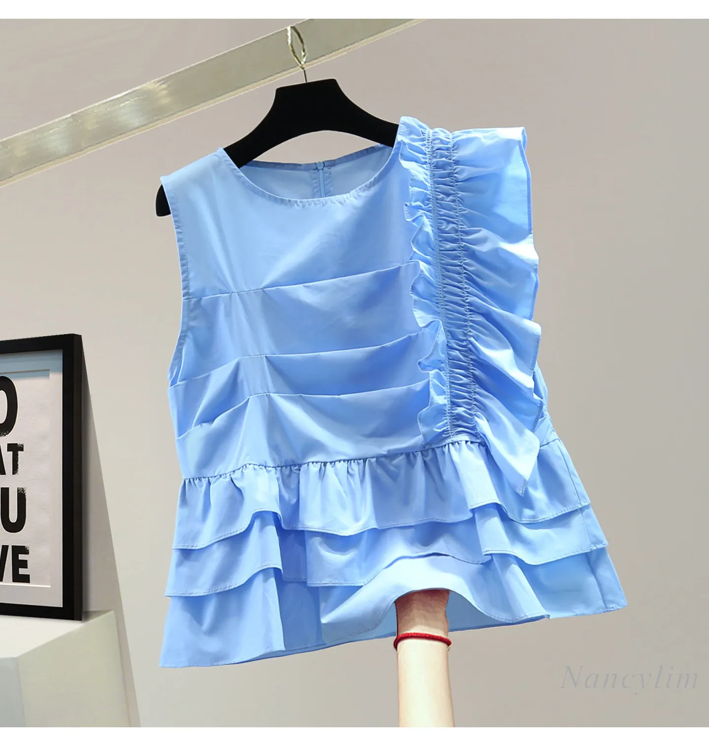 

Pleated Ruffle Trim Sleeveless Top - 2026 Summer Irregular Ruffle Solid Color Zip-up Vest - Trendy, Blue Blouse for Women
