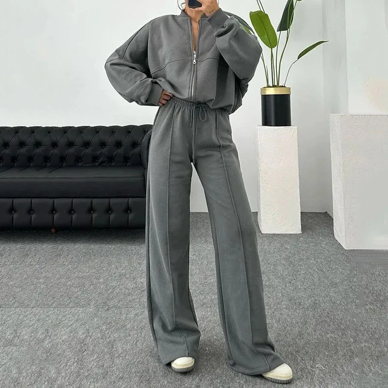 Autumn Slim Set Women Casual Solid High Street Suit Fashion Winter Zip Long Sleeve Sweatshirt Tops & Drawstring Pant Set Outfit