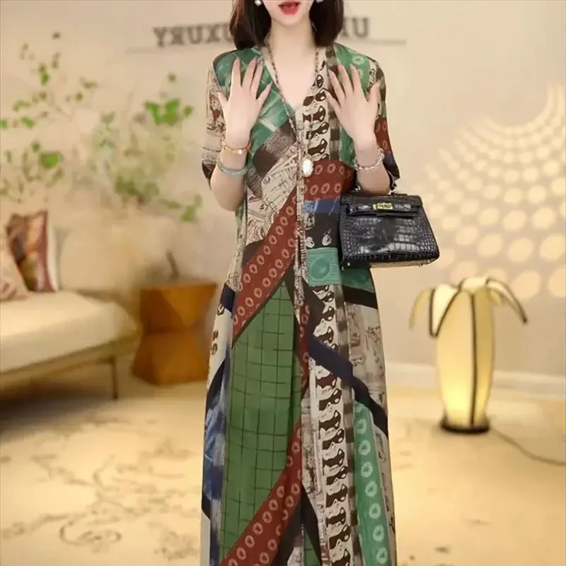 فستان صيفي جديد للنساء موضة الأزهار طباعة قصيرة الأكمام فساتين الشيفون امرأة عادية فضفاض ألف خط ميدي فستان الإناث