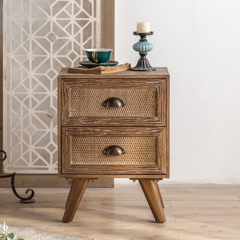 Mesita de noche de madera maciza wabi-sabi wind, almacenamiento de sofá para sala de estar, cama y desayuno, mueble lateral americano de registro de dormitorio retro