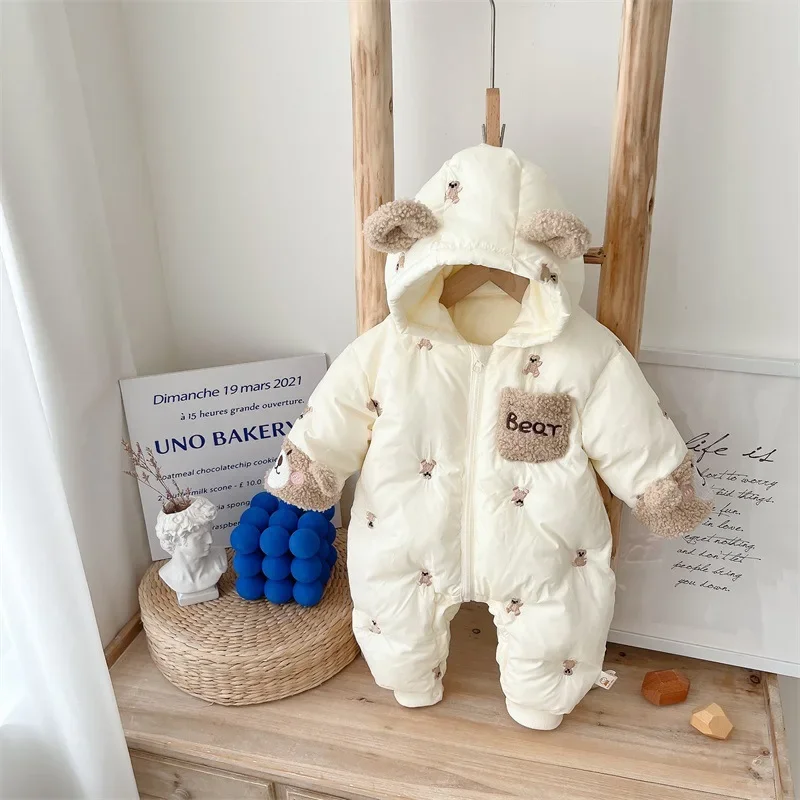 

2024 Winter New in Kids Baby Girls Boys Thicken Plush Warm Outfits , Toddler Infant Cartoon Bear Jumpsuits Hooded Romper 0-24M