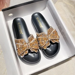 2024 Soft Women's Thick Heel Slippers with Bow Rhinestones Beach Shoes , Casual Lady Sandals New Style Summer Shoes ZA820-2