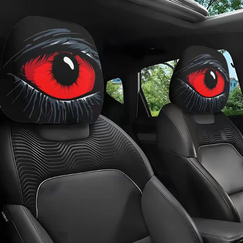 2 STKS Grappige Schuine Ogen Cartoon Print Auto Hoofdsteun Cover voor Halloween Kerstvakantie Auto-interieur Decoratie
