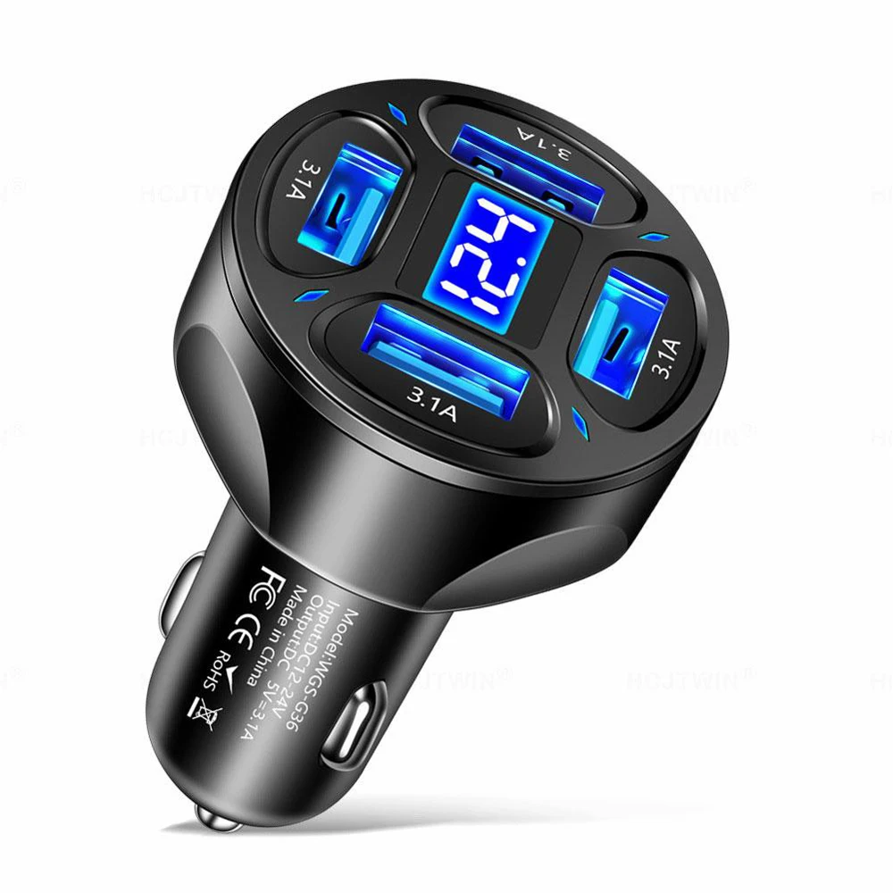 Cargador Usb para coche, toma de encendedor de cigarrillos, pantalla Digital Led, 12V, 66W, 1 a 4, adecuado para Samsung, Huawei, Xiaomi, Iphone