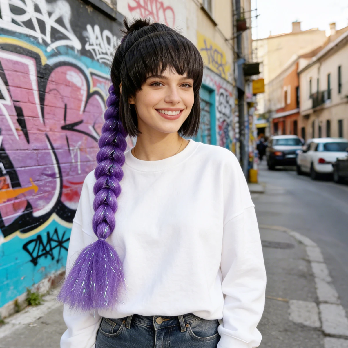 

Фиолетовый парик с толстой косой прической, в уличном стиле, подходит для косплея, прост в уходе, удобен в носке, синтетический парик.