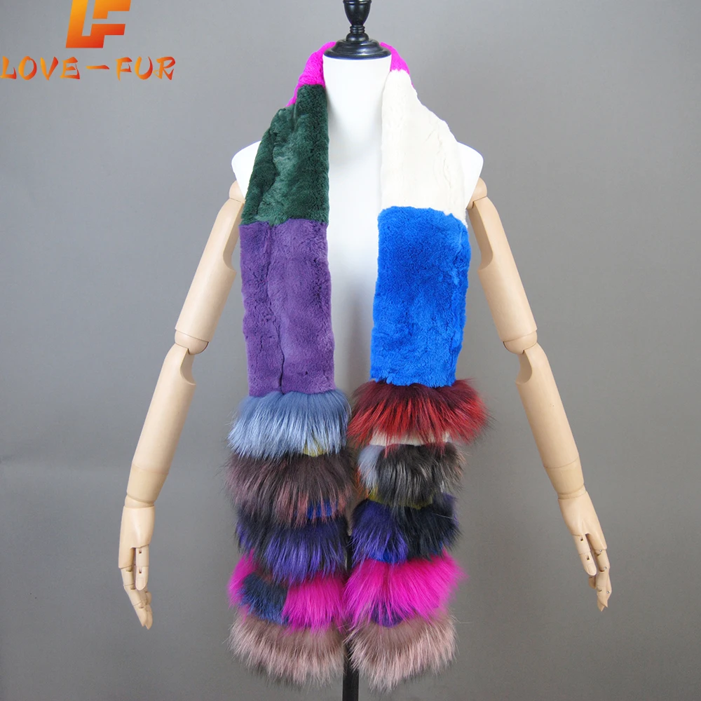 New Natural Soft Knitted Rex Rabbit Fur Scarf Women Winter Long Style Real Fur Muffler Lady Warm 100% Genuine Fox Fur Scarves