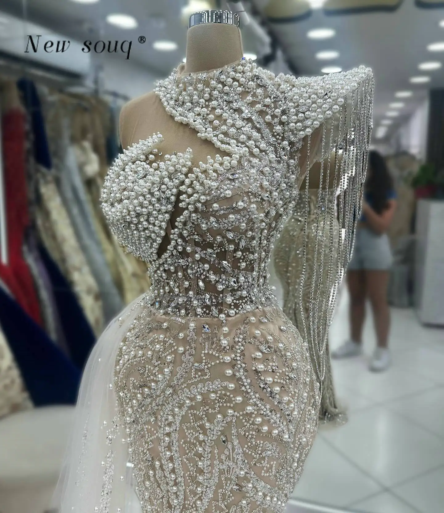 Arabic Nude Champagne Pearls Beaded Mermaid Evening Dresses with Side Tail Customized Formal Women Wedding Dinner Party Gowns